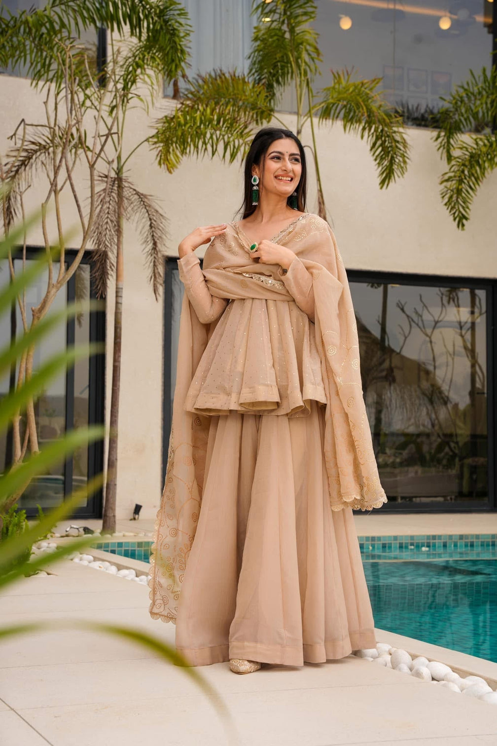 Beige peplum kurti sharara set with embroidered dupatta champagne gold party wear ethnic suit for women