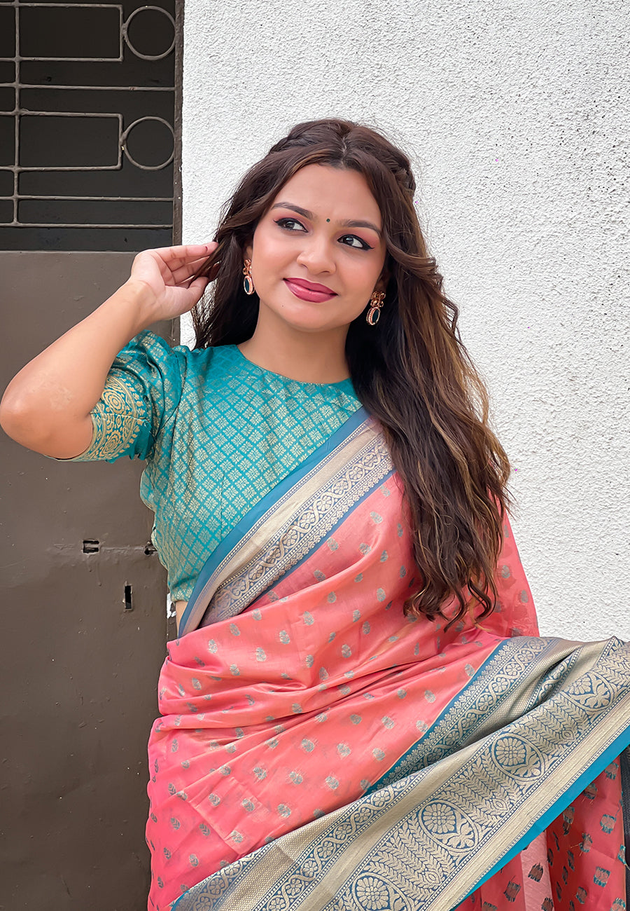 Peach kanjivaram tissue silk traditional zari woven saree