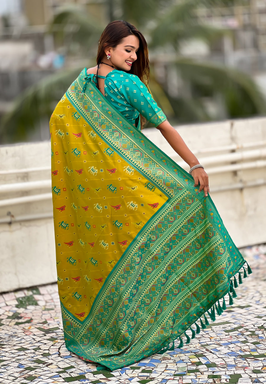 Mehendi green soft silk zari woven patola leheriya saree with contrast weaves