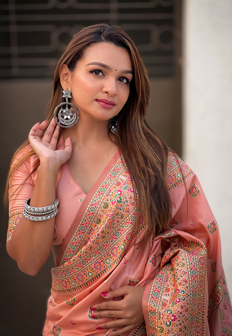 Peach pashmina kashmiri silk zari woven saree