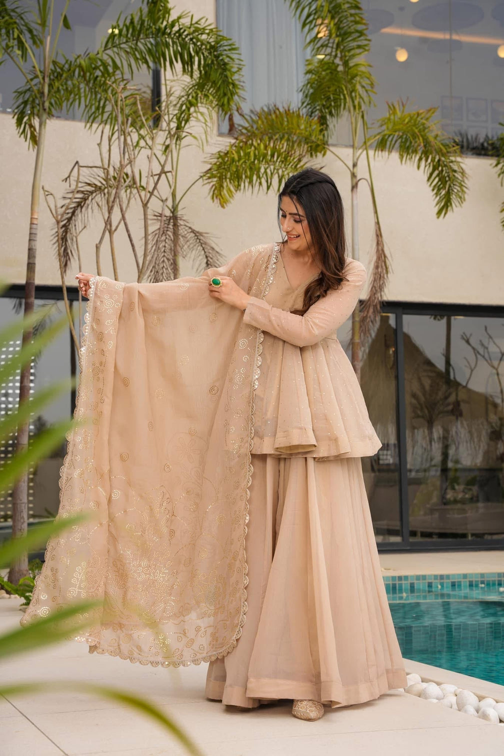 Beige peplum kurti sharara set with embroidered dupatta champagne gold party wear ethnic suit for women mameraa