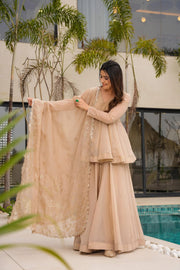 Beige peplum kurti sharara set with embroidered dupatta champagne gold party wear ethnic suit for women mameraa