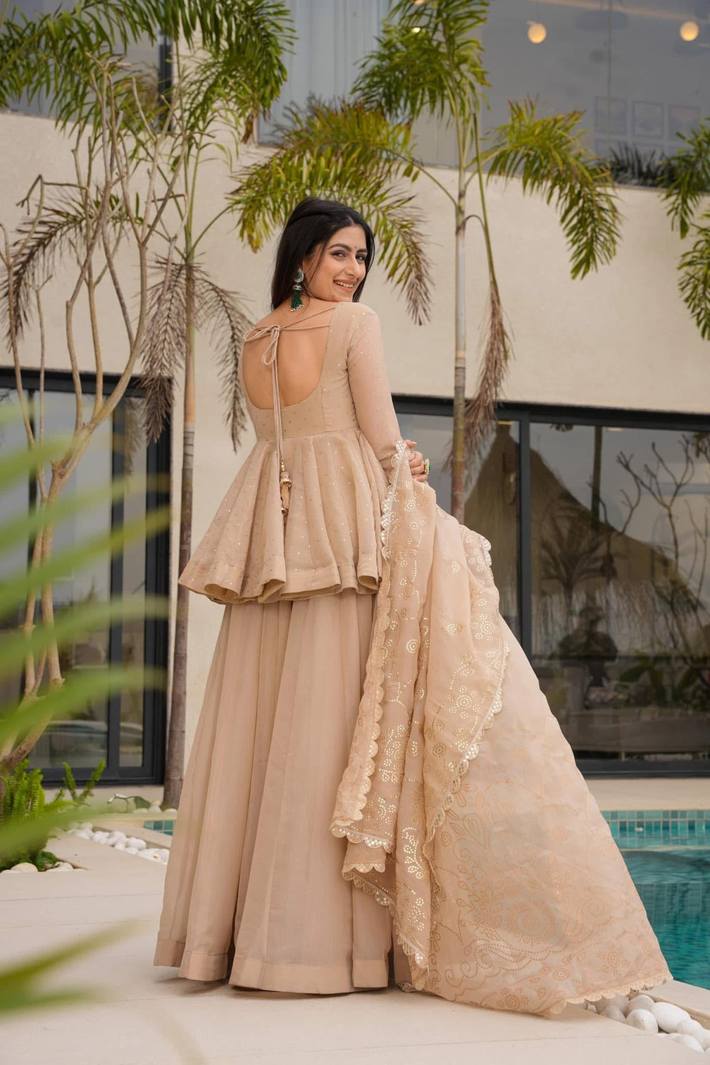 Beige peplum kurti sharara set with embroidered dupatta champagne gold party wear ethnic suit for women
