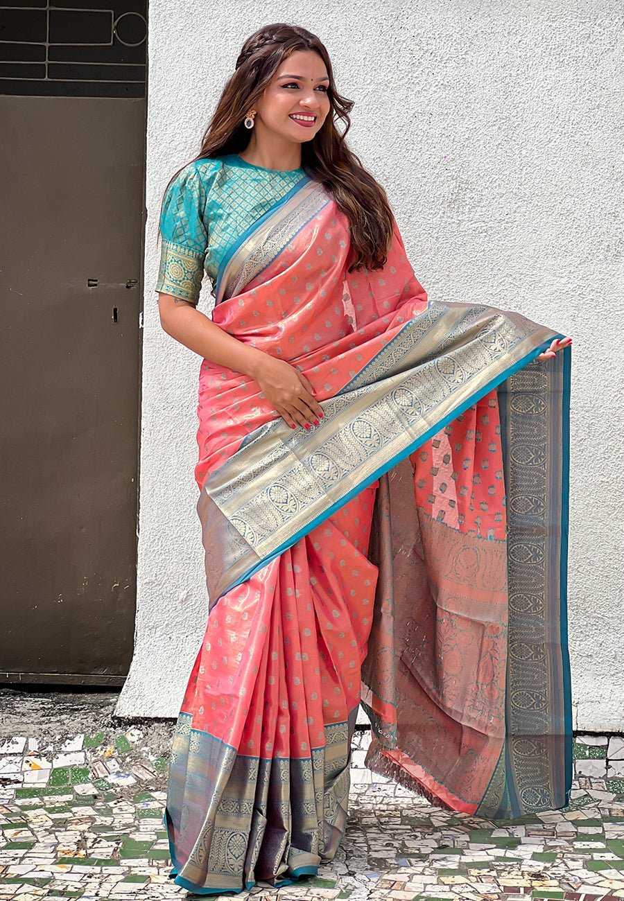 Peach kanjivaram tissue silk traditional zari woven saree