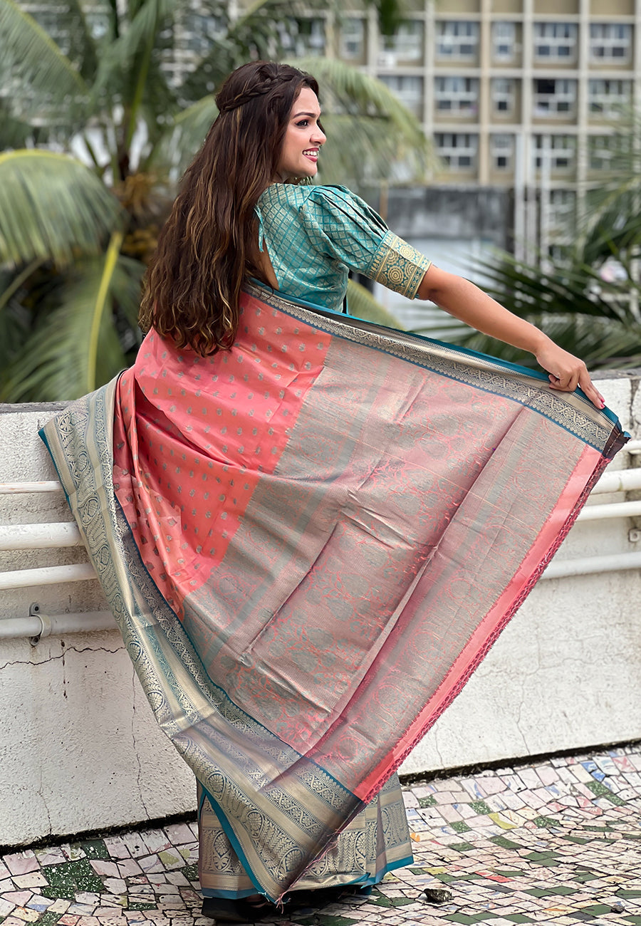 Peach kanjivaram tissue silk traditional zari woven saree