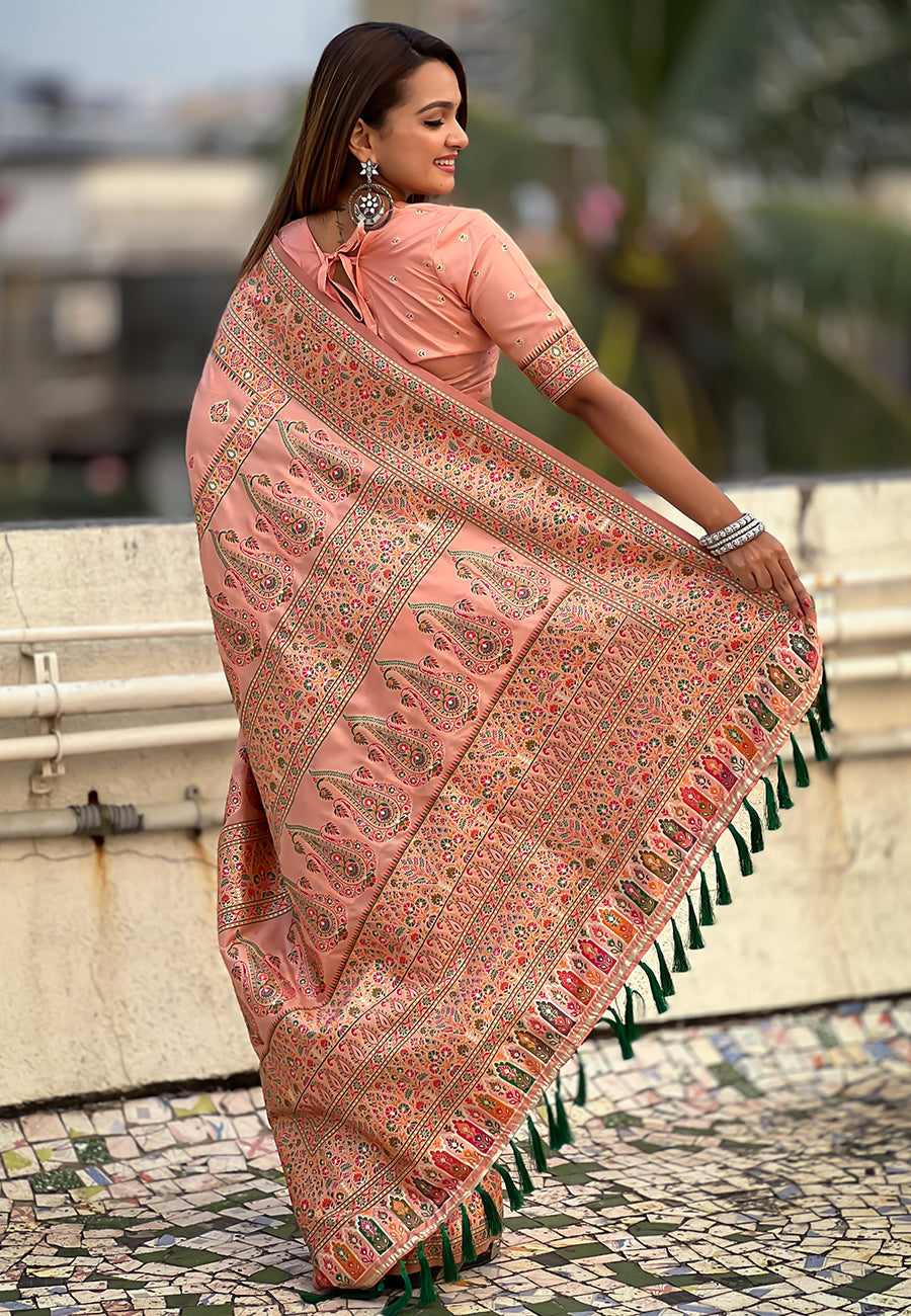 Peach pashmina kashmiri silk zari woven saree