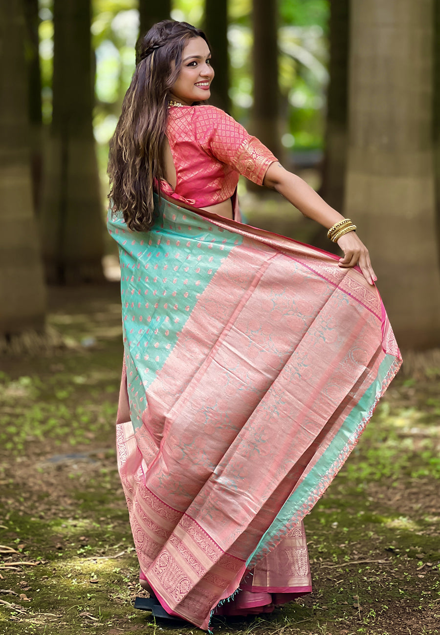 Blue kanjivaram tissue silk traditional zari woven saree