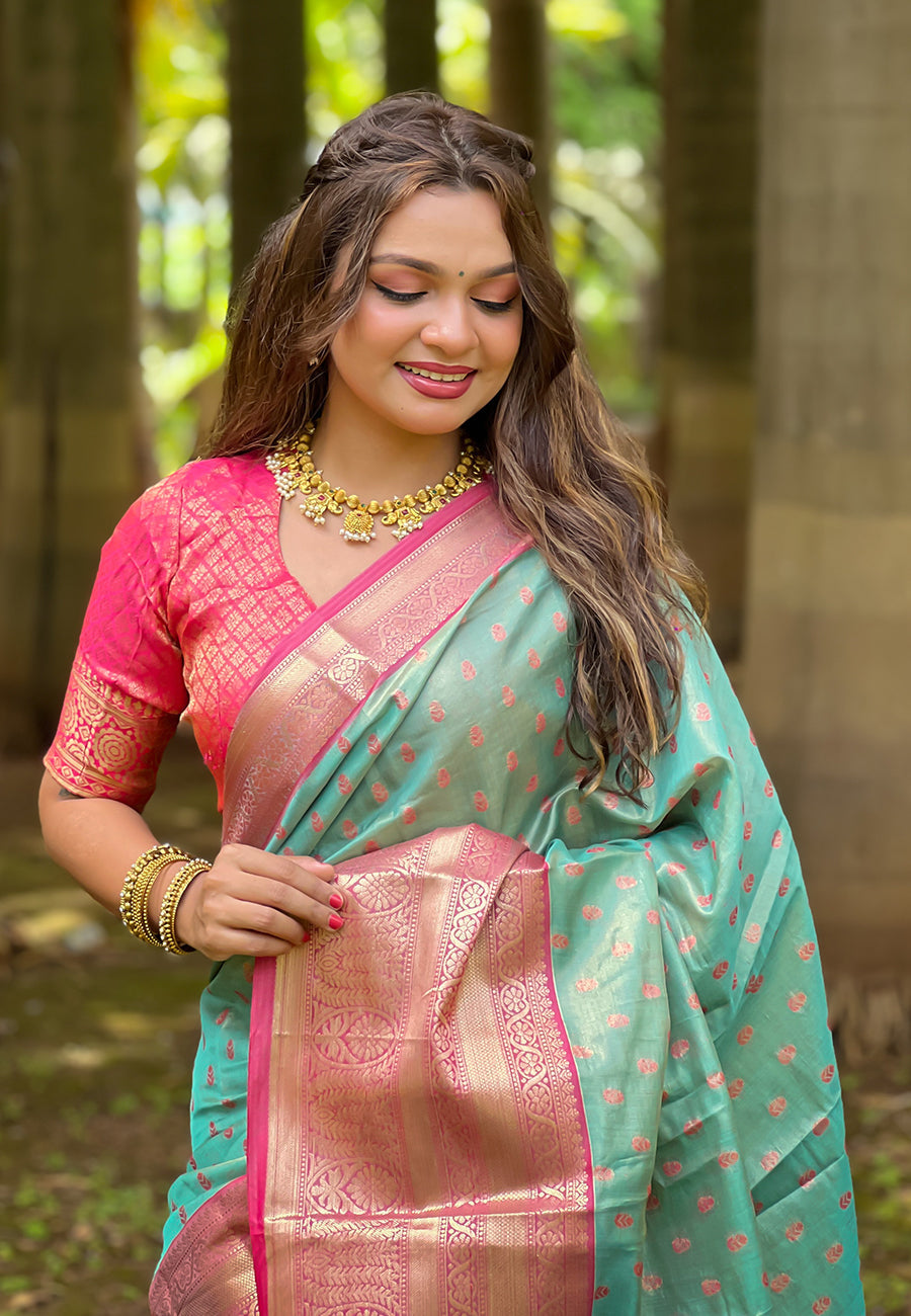Blue kanjivaram tissue silk traditional zari woven saree