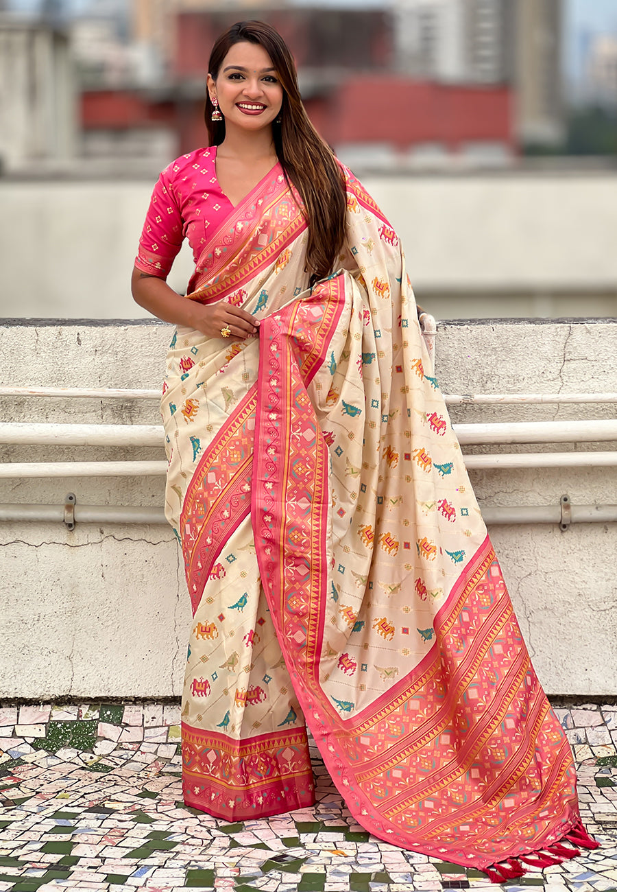 Cream soft silk zari woven patola leheriya saree with contrast weaves