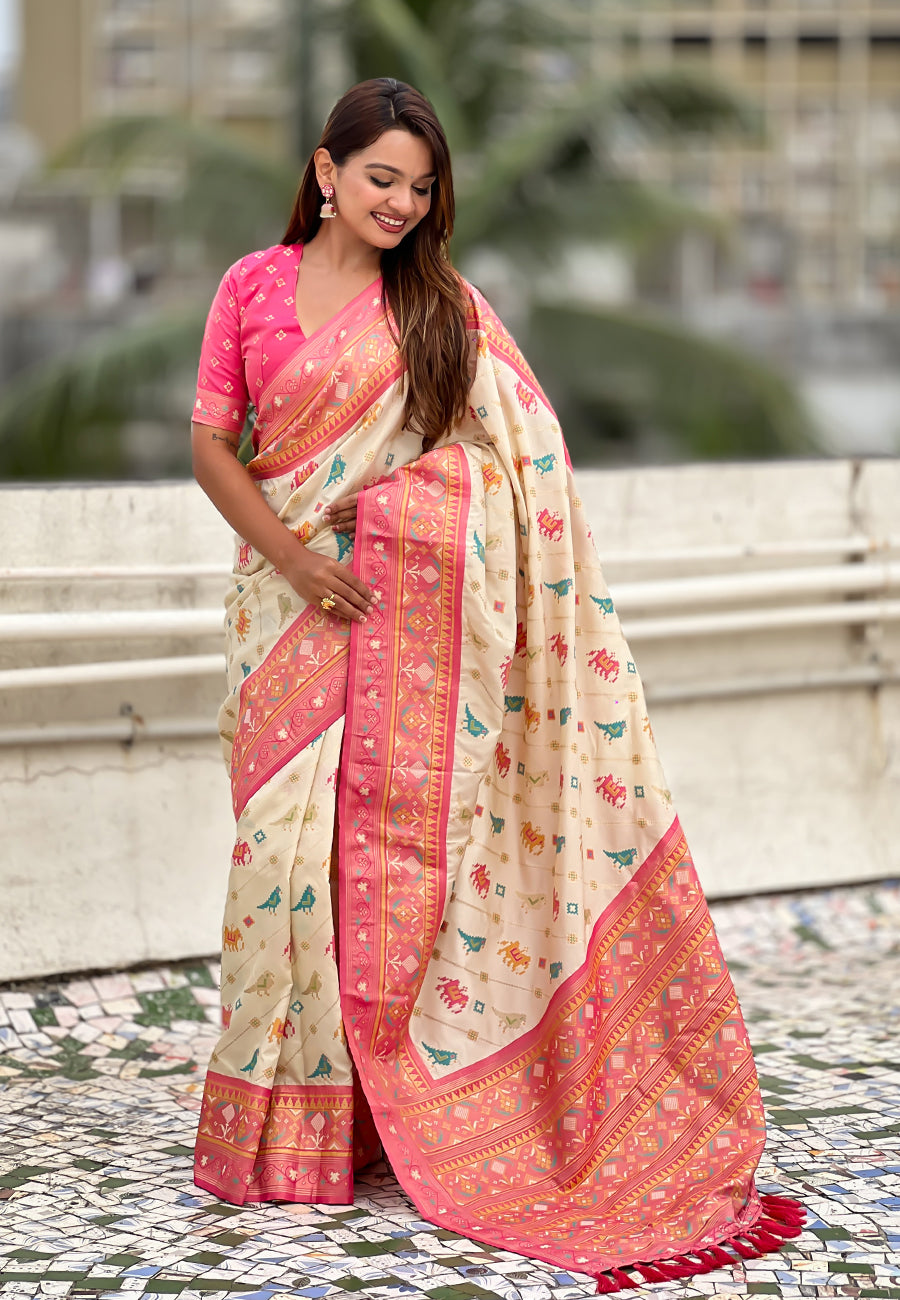 Cream soft silk zari woven patola leheriya saree with contrast weaves