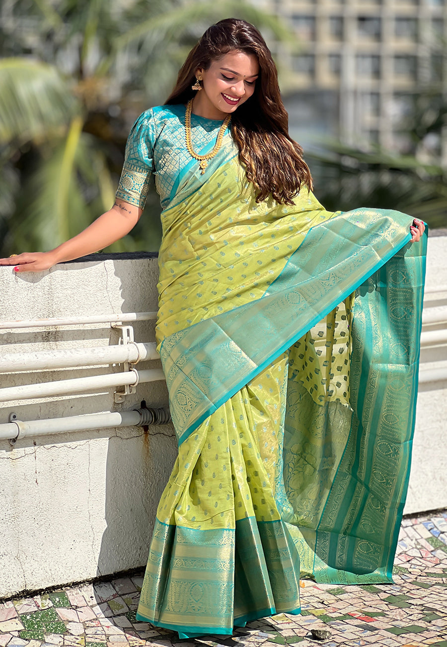 Green kanjivaram tissue silk traditional zari woven saree