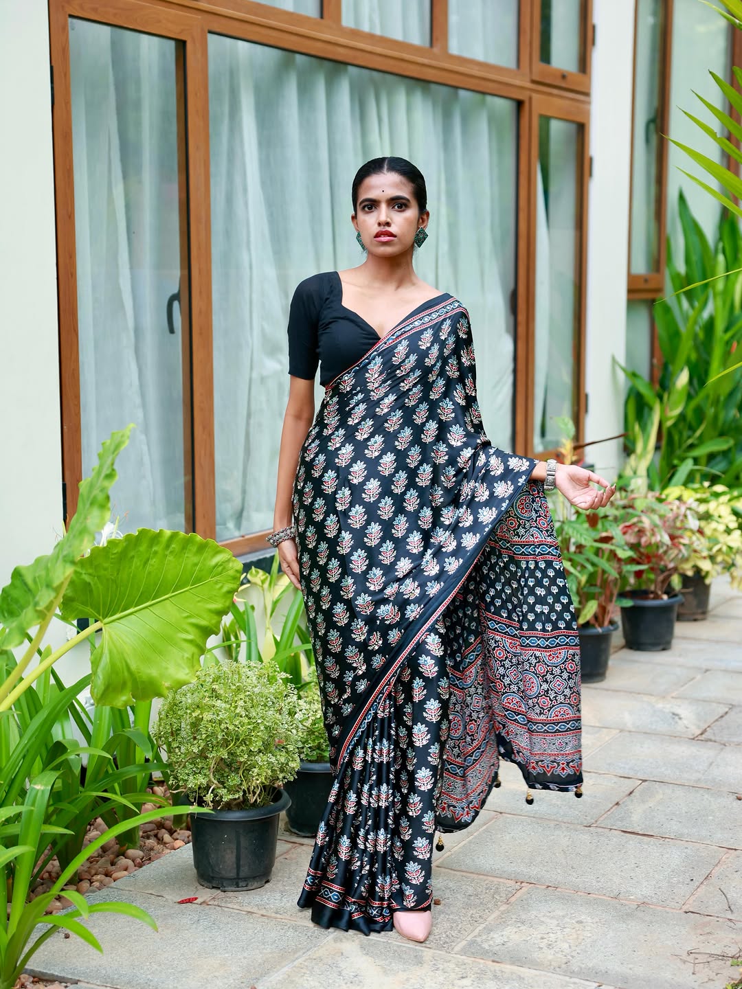 Midnight black pure modal silk saree with ajrakh inspired floral print heritage designer pall mameraa