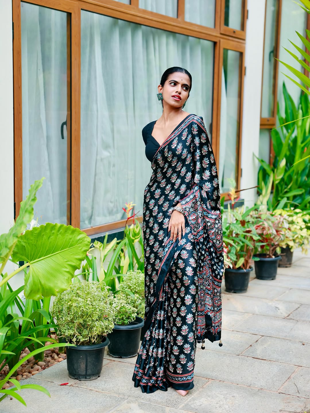 Midnight black pure modal silk saree with ajrakh inspired floral print heritage designer pall