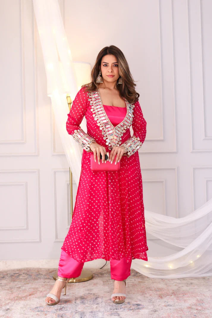 Designer mirror work anarkali suit set for women georgette fabric available in mehendi green royal blue black wine purple