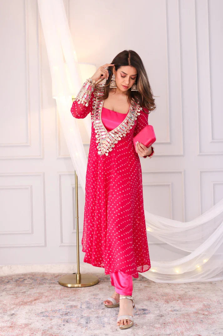 Designer mirror work anarkali suit set for women georgette fabric available in mehendi green royal blue black wine purple