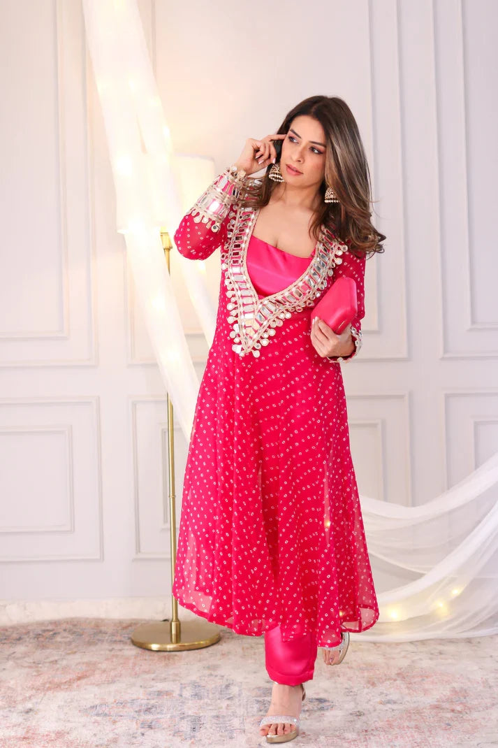 Designer mirror work anarkali suit set for women georgette fabric available in mehendi green royal blue black wine purple