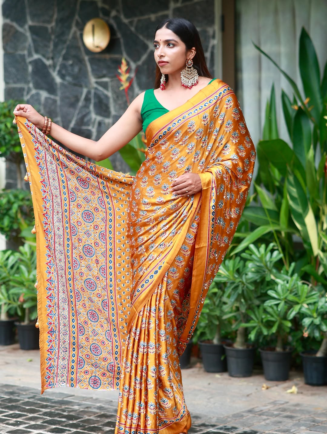 Mustard gold pure modal silk saree with ajrakh inspired floral print heritage designer pallu