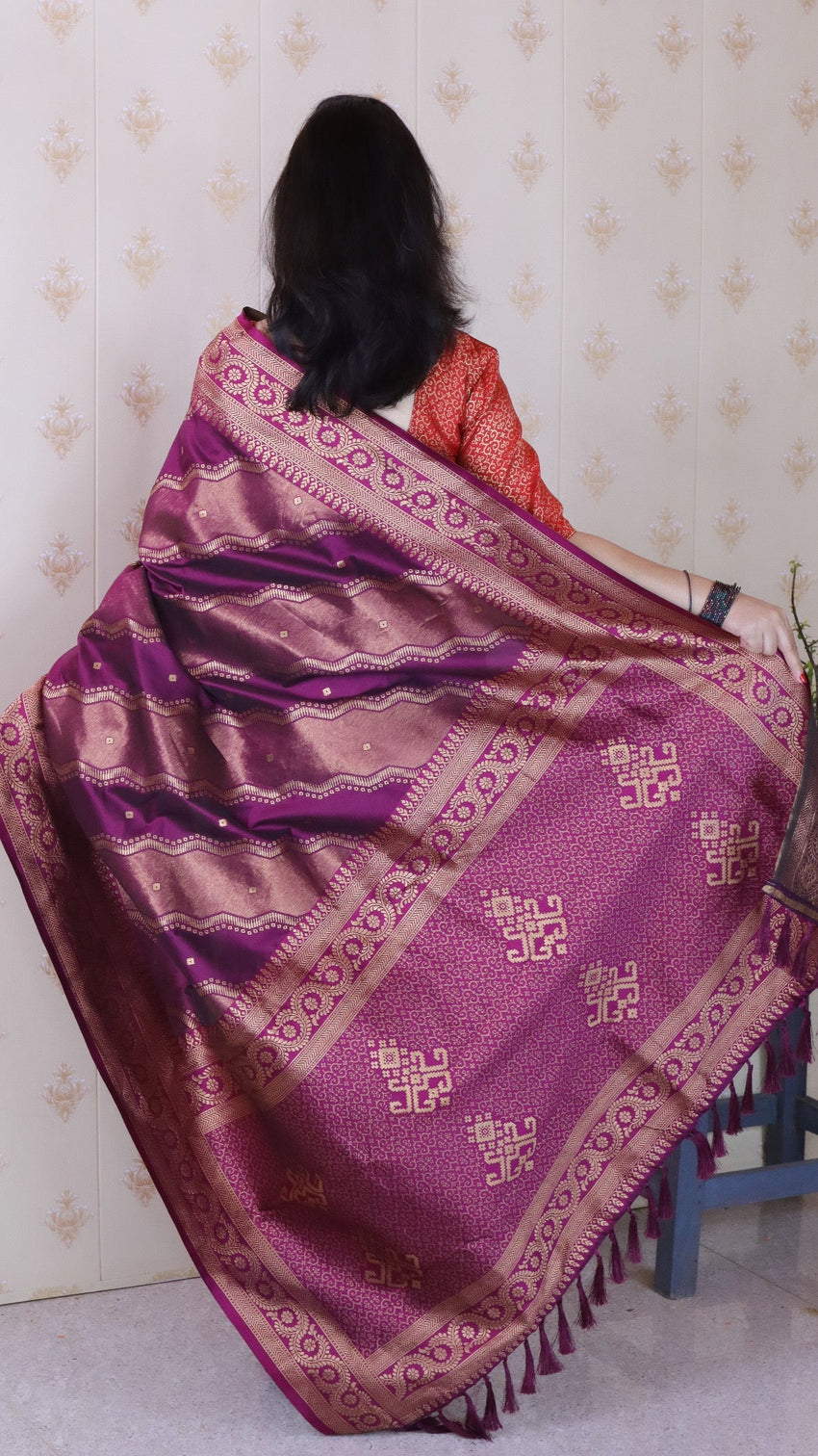 Dark wine soft silk bandhani leheriya zari woven saree