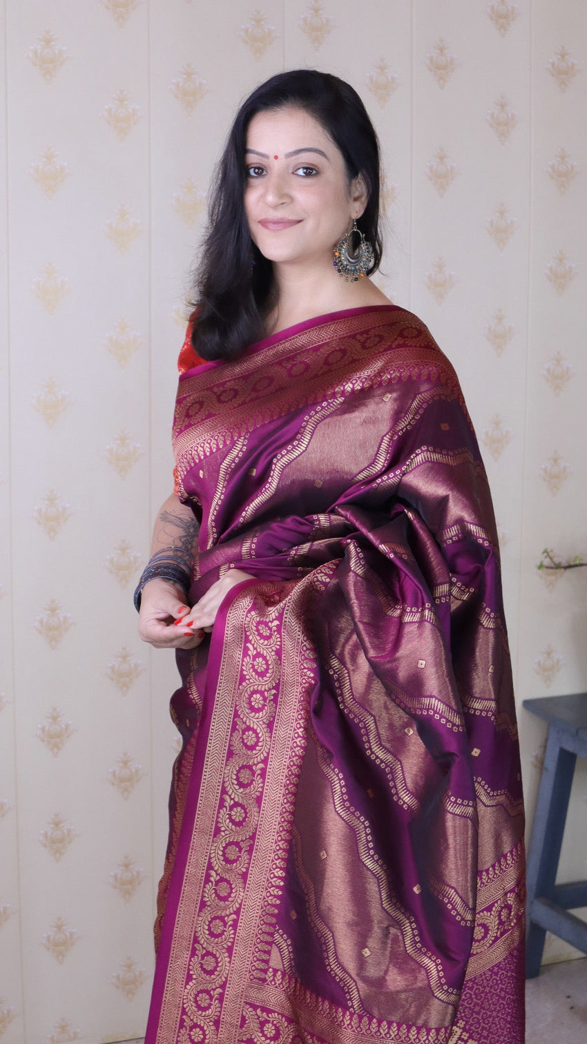 Dark wine soft silk bandhani leheriya zari woven saree