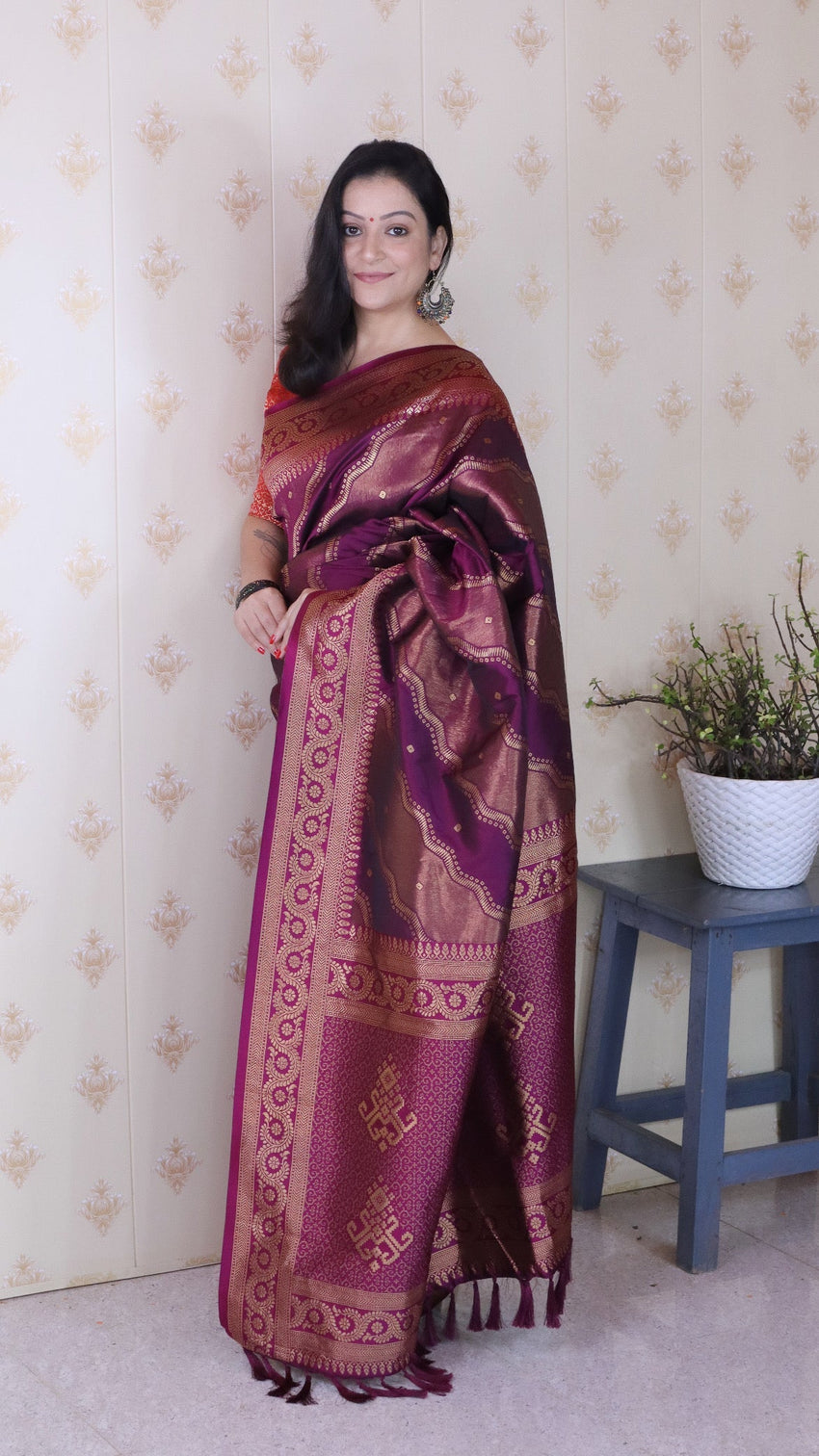 Dark wine soft silk bandhani leheriya zari woven saree