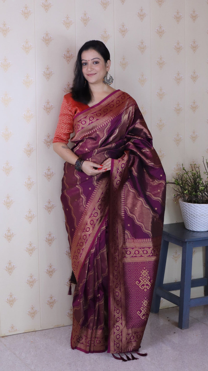 Dark wine soft silk bandhani leheriya zari woven saree