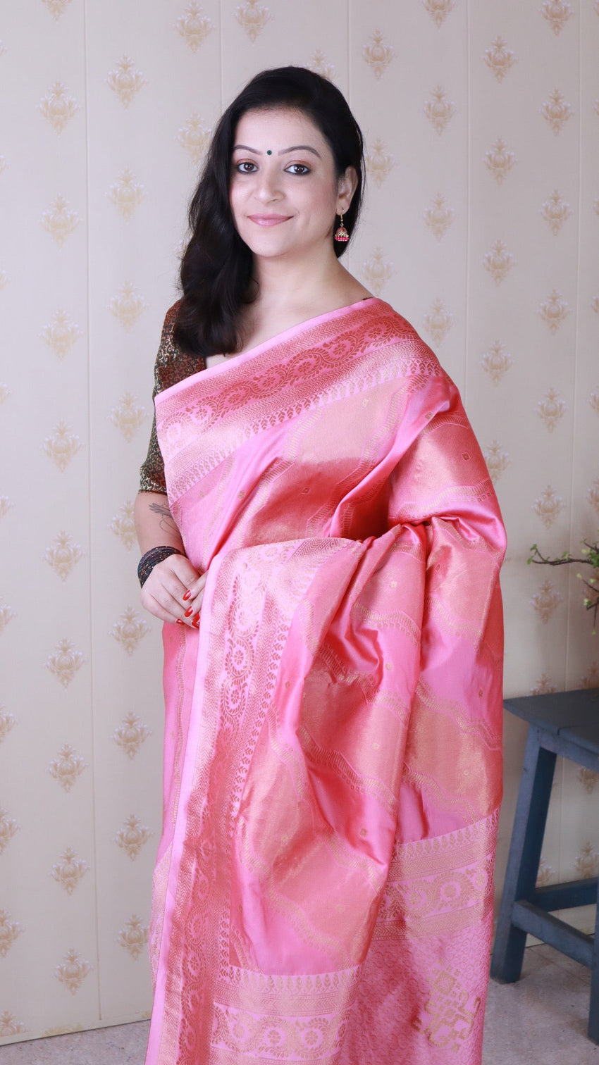 Baby pink soft silk bandhani leheriya zari woven saree