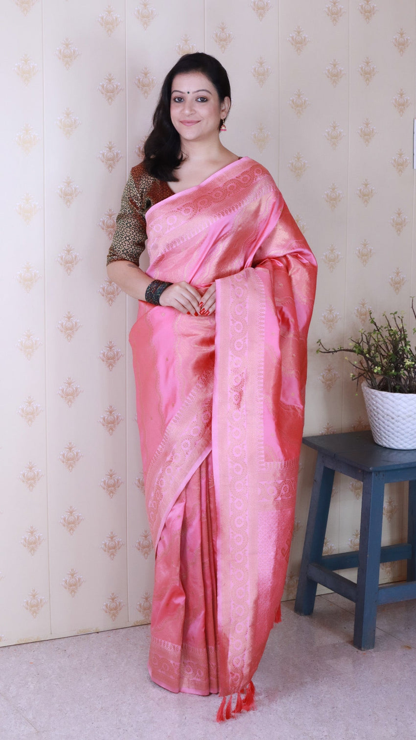 Baby pink soft silk bandhani leheriya zari woven saree