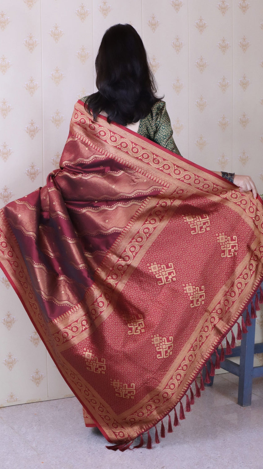 Maroon soft silk bandhani leheriya zari woven saree