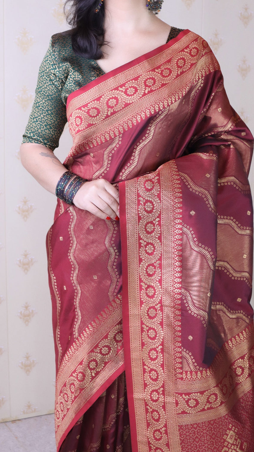 Maroon soft silk bandhani leheriya zari woven saree
