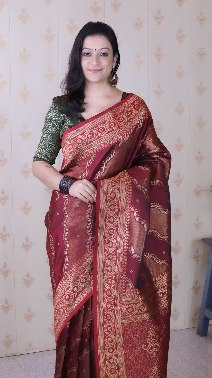 Maroon soft silk bandhani leheriya zari woven saree