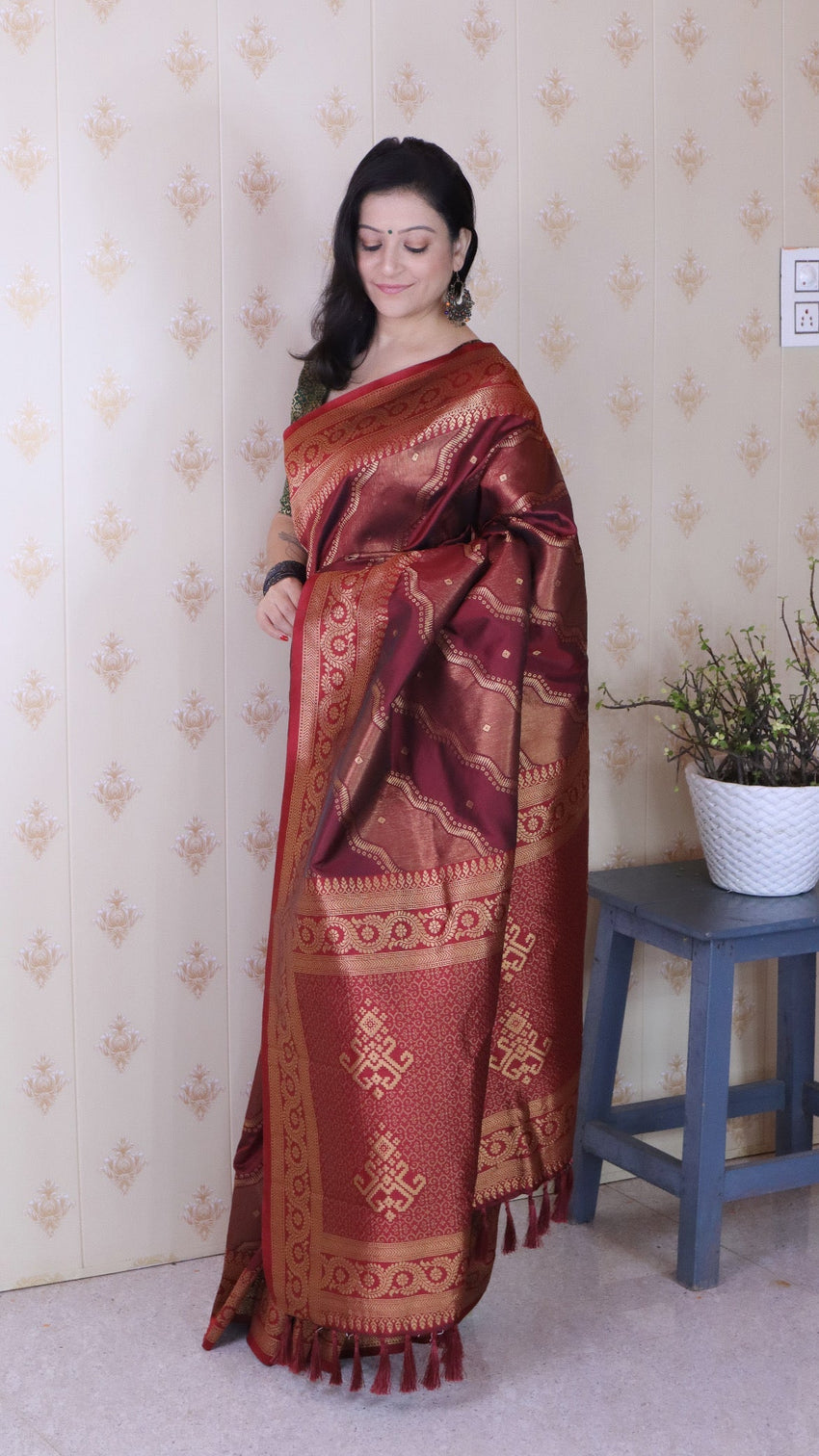 Maroon soft silk bandhani leheriya zari woven saree