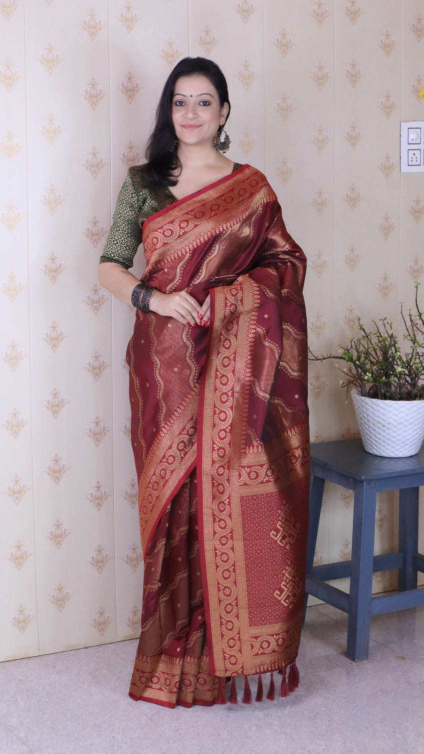 Maroon soft silk bandhani leheriya zari woven saree