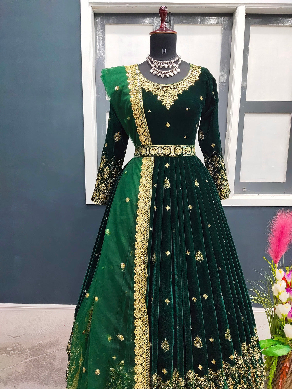 Adorable Green Color Sequence Work Velvet Gown