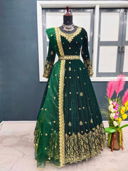 Adorable Green Color Sequence Work Velvet Gown