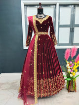 Adorable Red Color Sequence Work Velvet Gown
