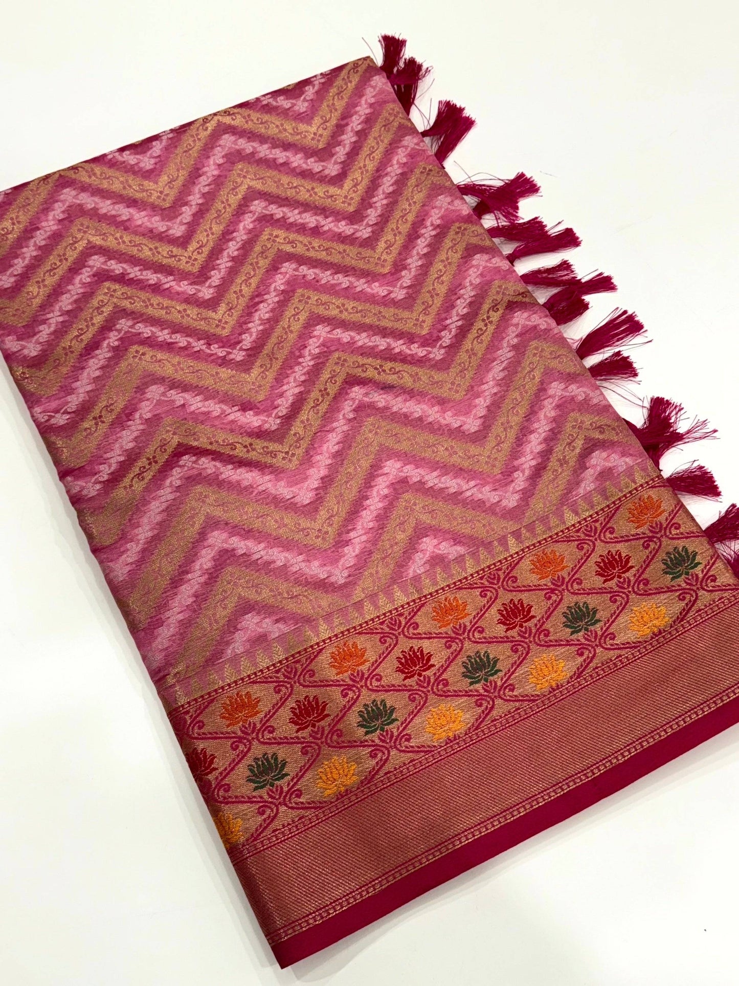 Baby Pink Banarasi Zic Zac Katan Silk Saree