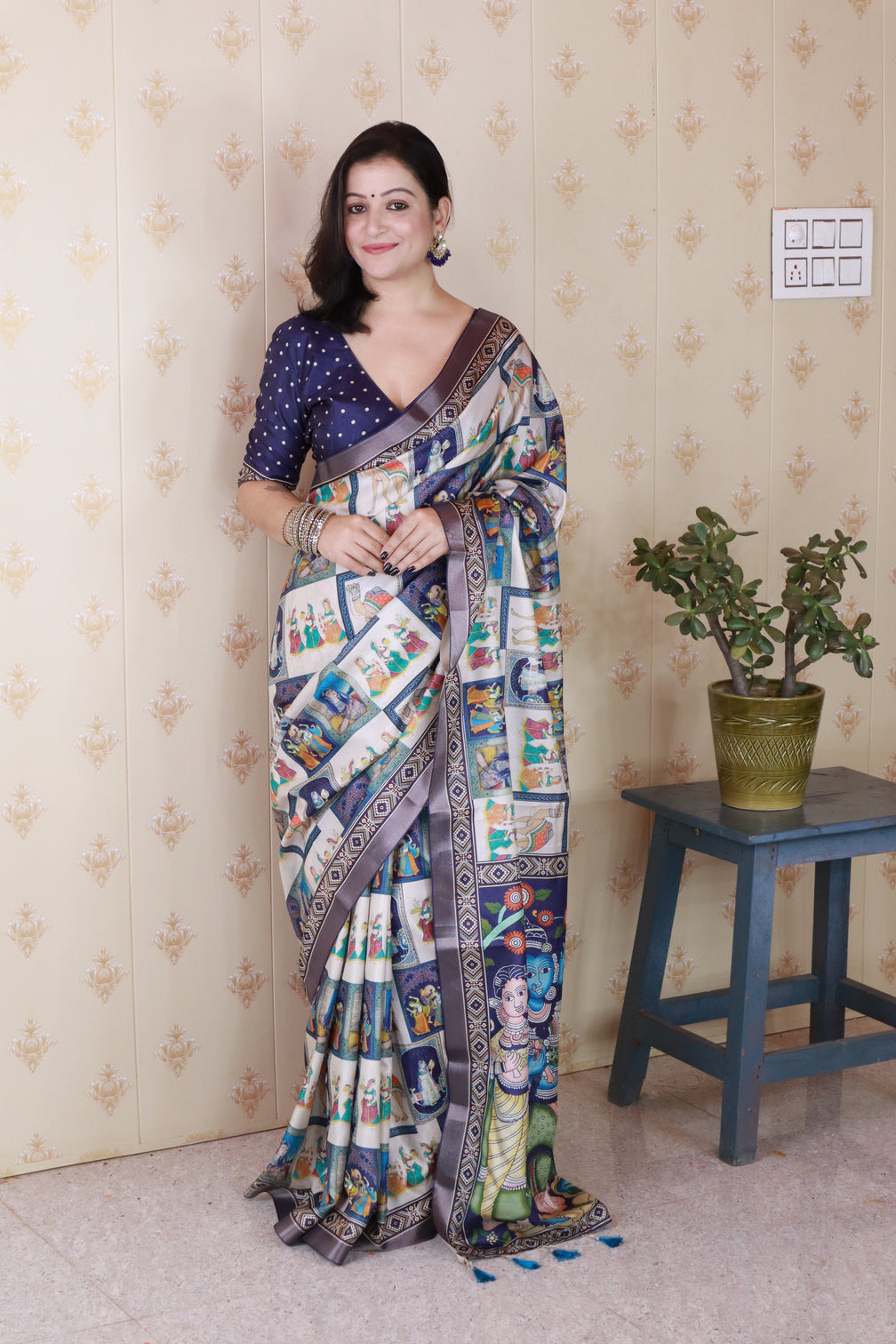 Blue tussar silk bold kalamkari figure printed saree with zari woven border