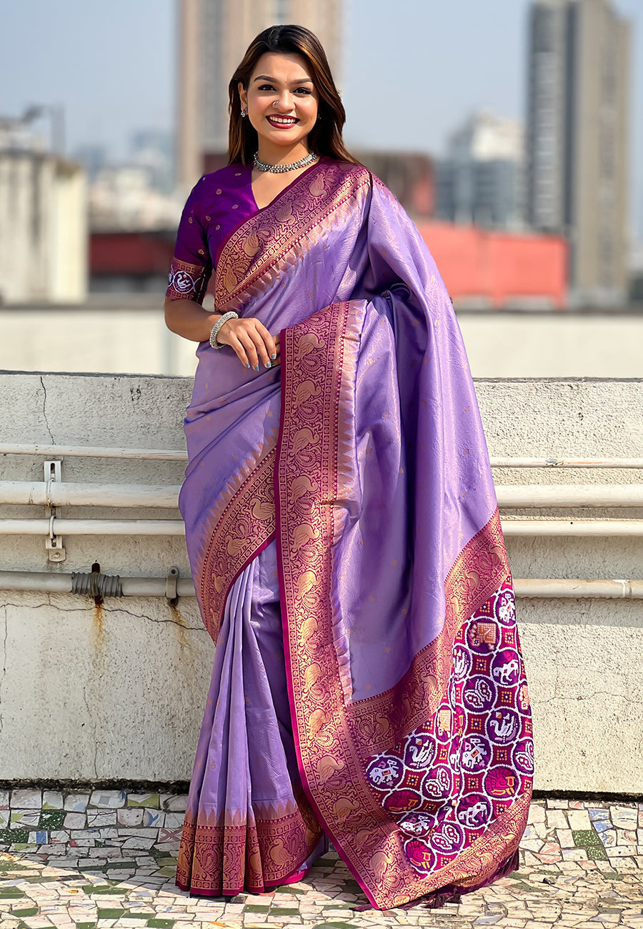 Lavender pure tissue zari woven patola saree with contrast weaves