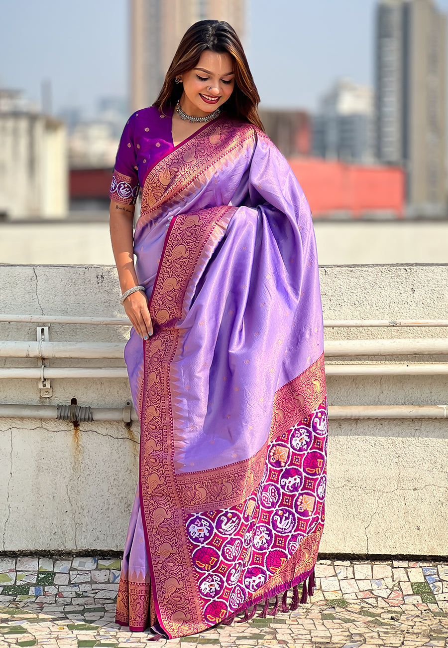 Lavender pure tissue zari woven patola saree with contrast weaves