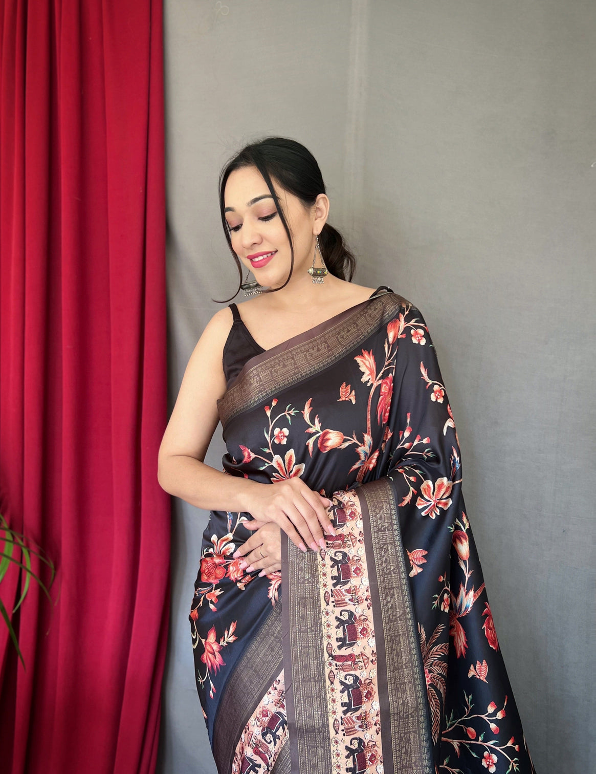 Charcoal Black Saree in Banarasi Silk Contrast Woven with Kalamkari Prints