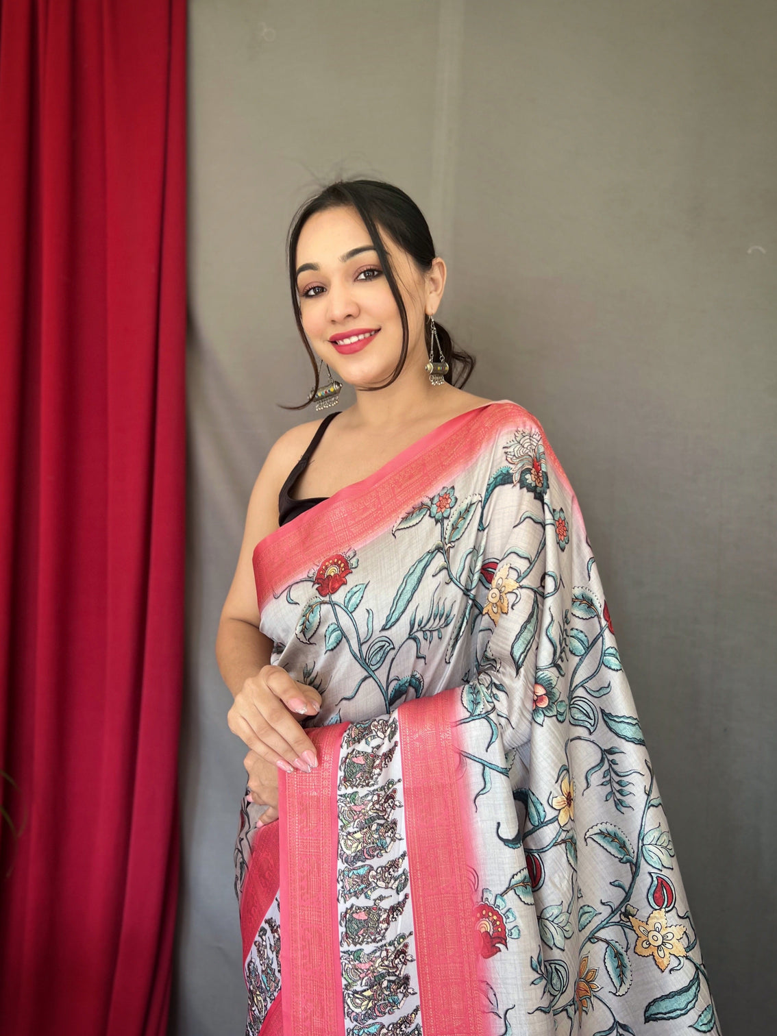 Silver Saree in Banarasi Silk Contrast Woven with Kalamkari Prints