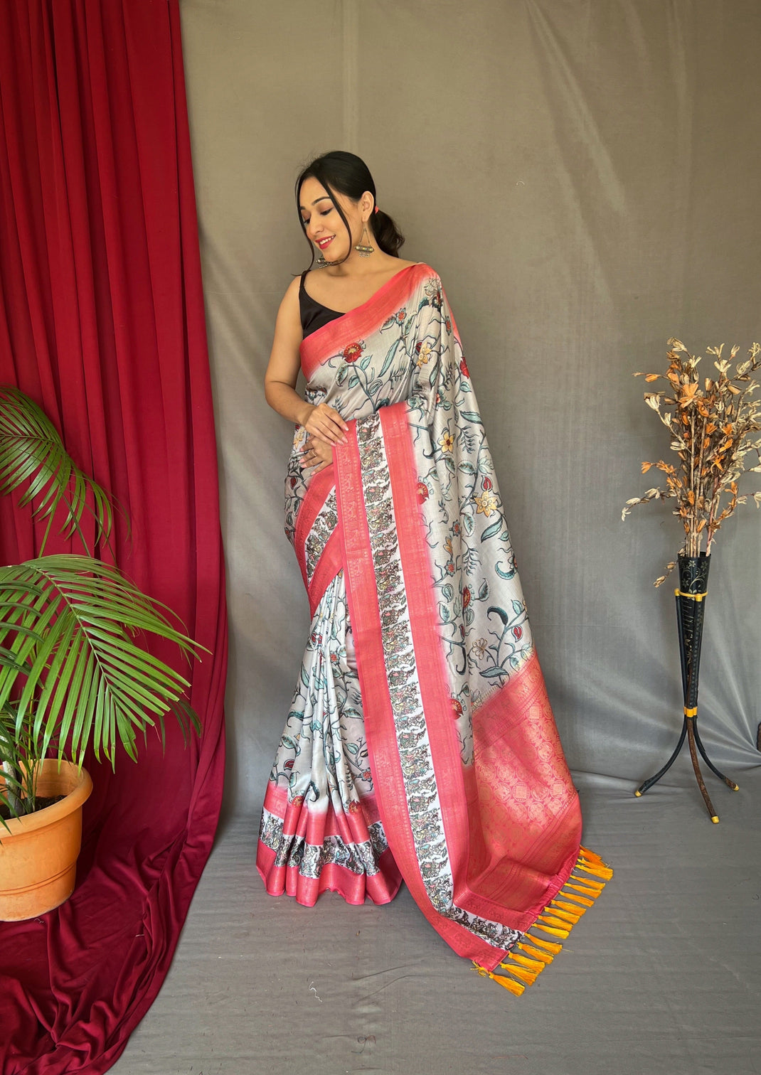 Silver Saree in Banarasi Silk Contrast Woven with Kalamkari Prints