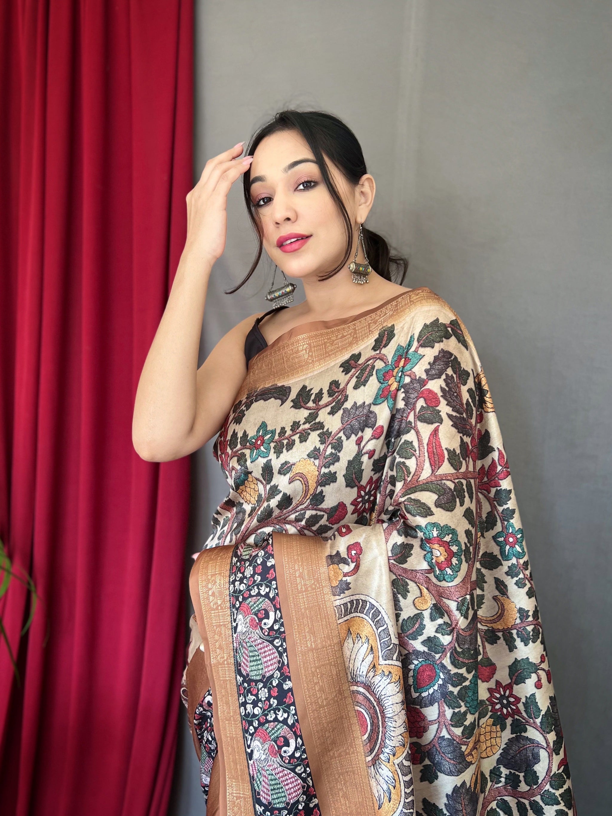 Off White Brown Saree in Banarasi Silk Contrast Woven with Kalamkari Prints