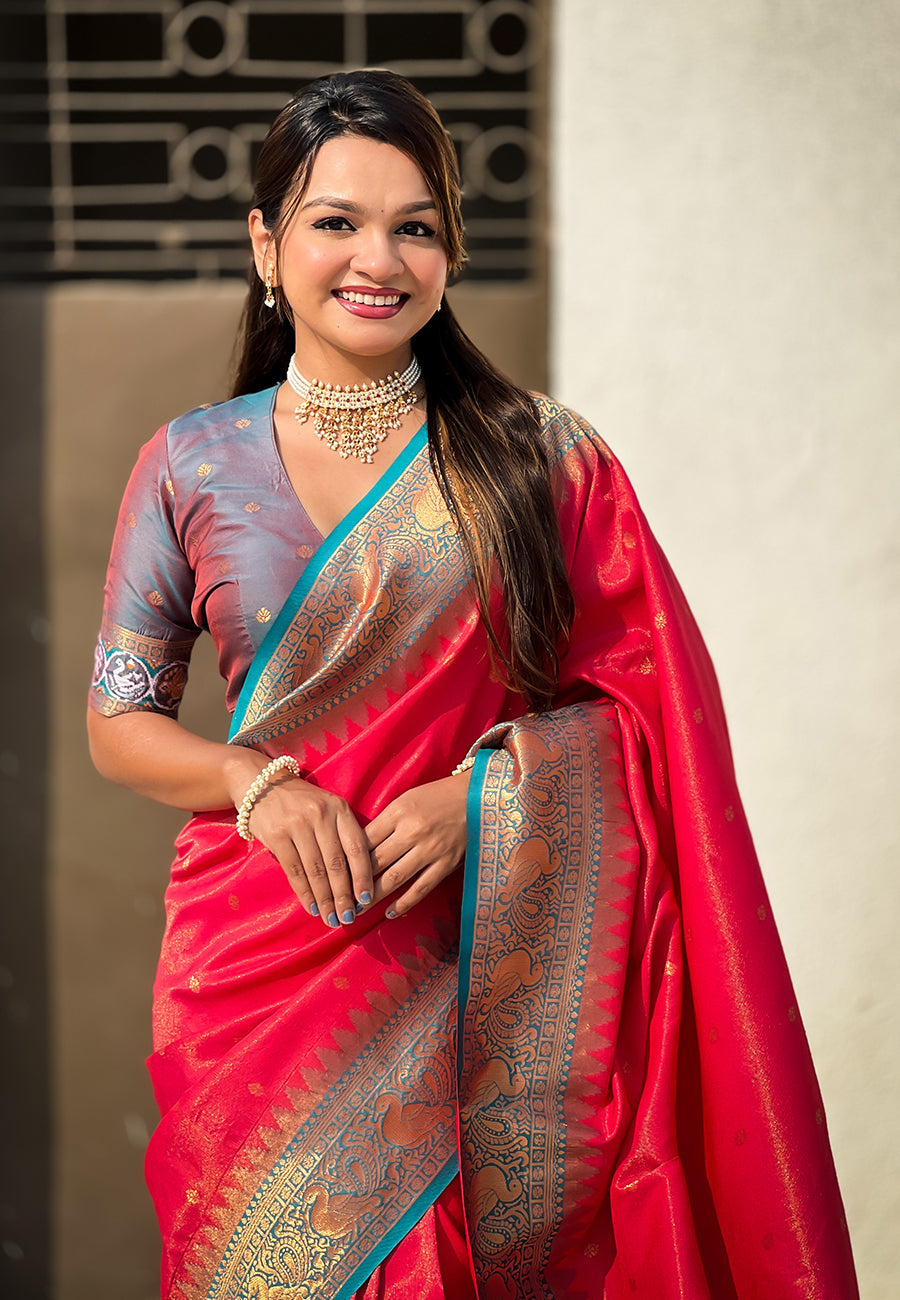 Pink pure tissue zari woven patola saree with contrast weaves