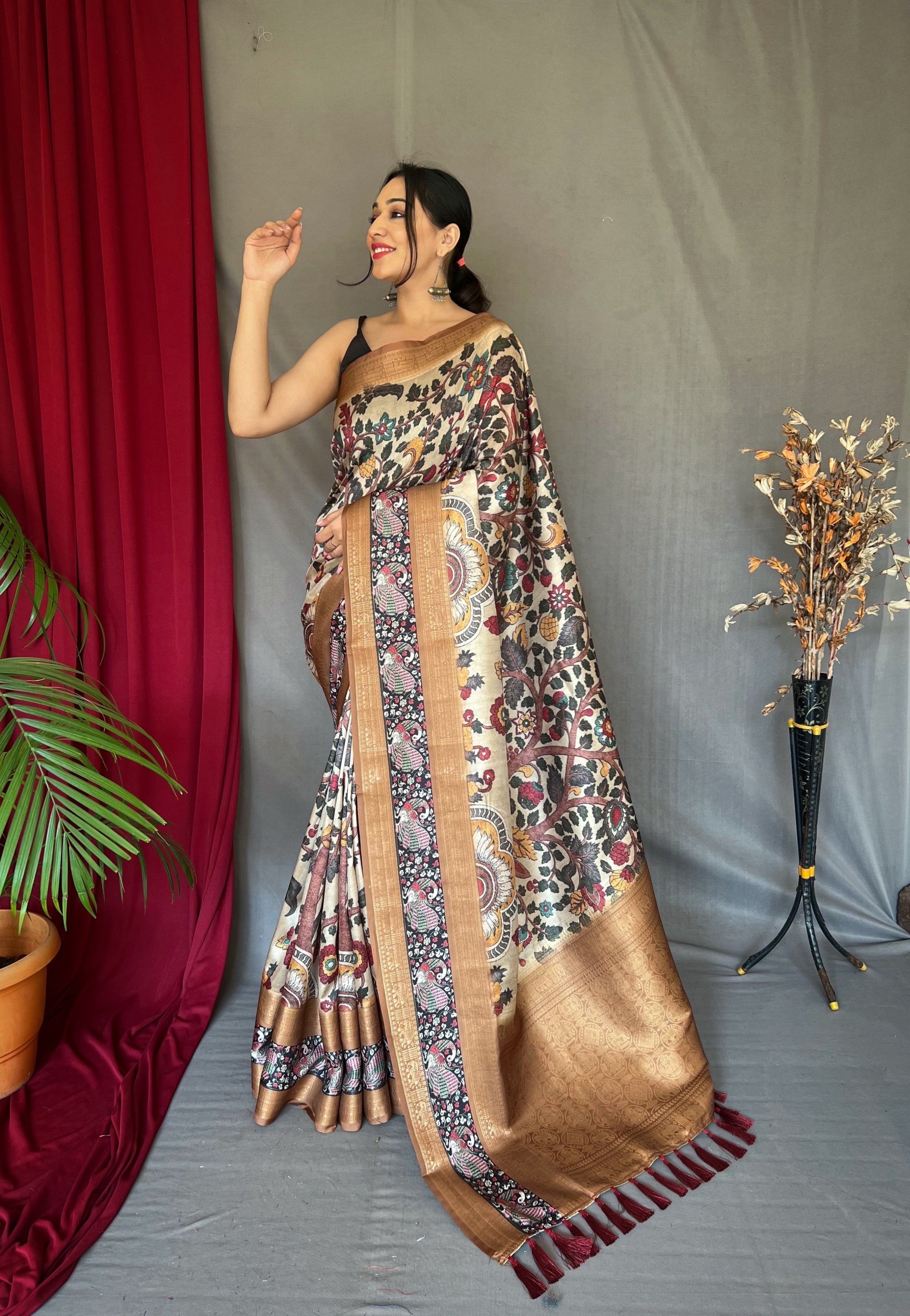 Off White Brown Saree in Banarasi Silk Contrast Woven with Kalamkari Prints