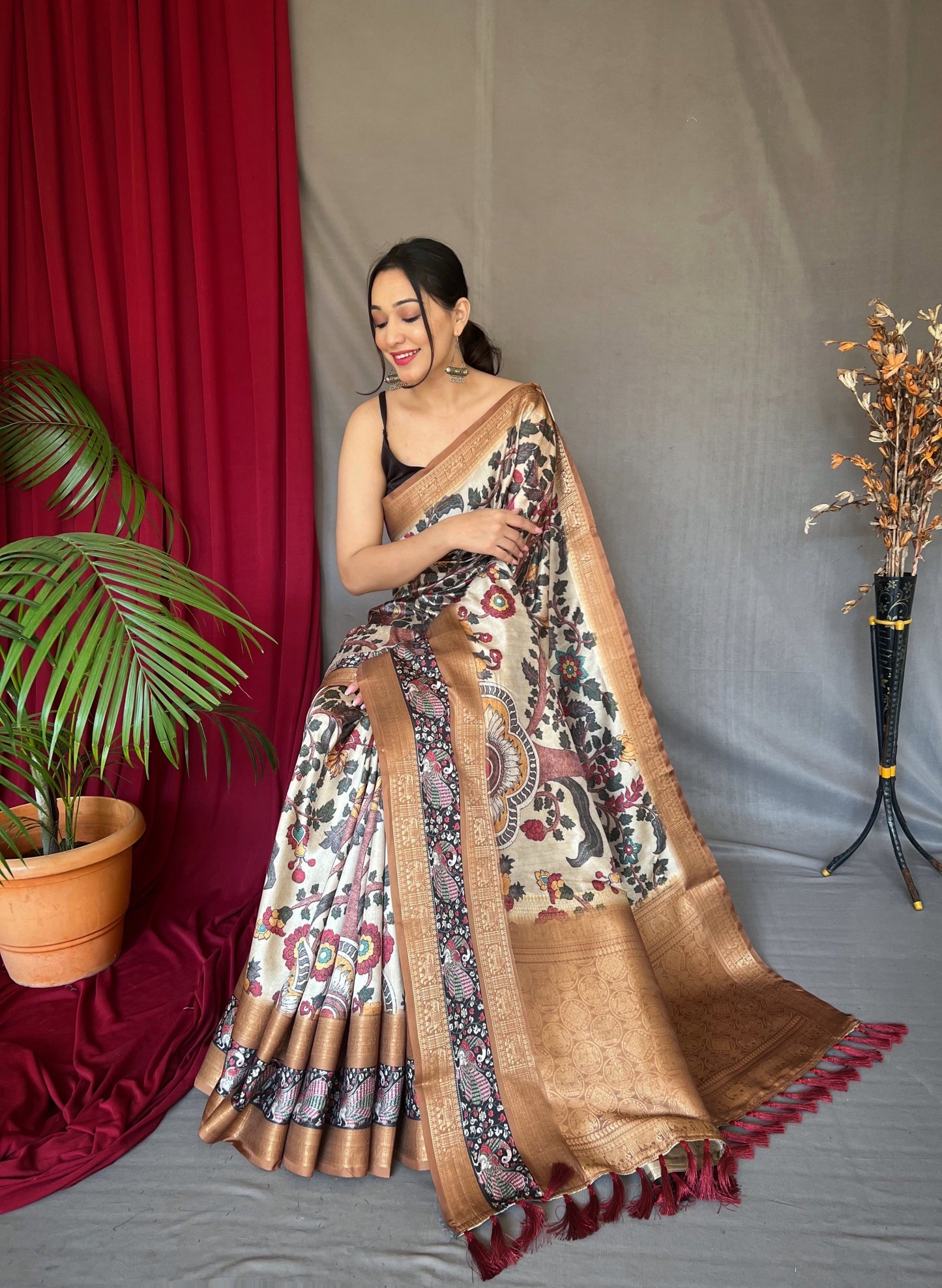 Off White Brown Saree in Banarasi Silk Contrast Woven with Kalamkari Prints