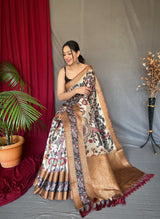 Off White Brown Saree in Banarasi Silk Contrast Woven with Kalamkari Prints