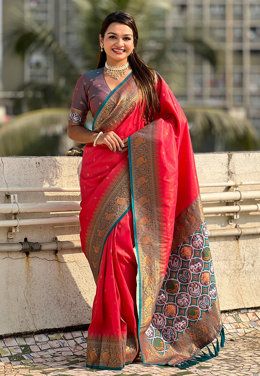 Pink pure tissue zari woven patola saree with contrast weaves