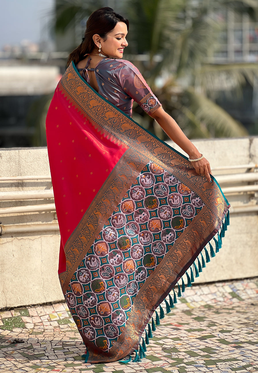 Pink pure tissue zari woven patola saree with contrast weaves