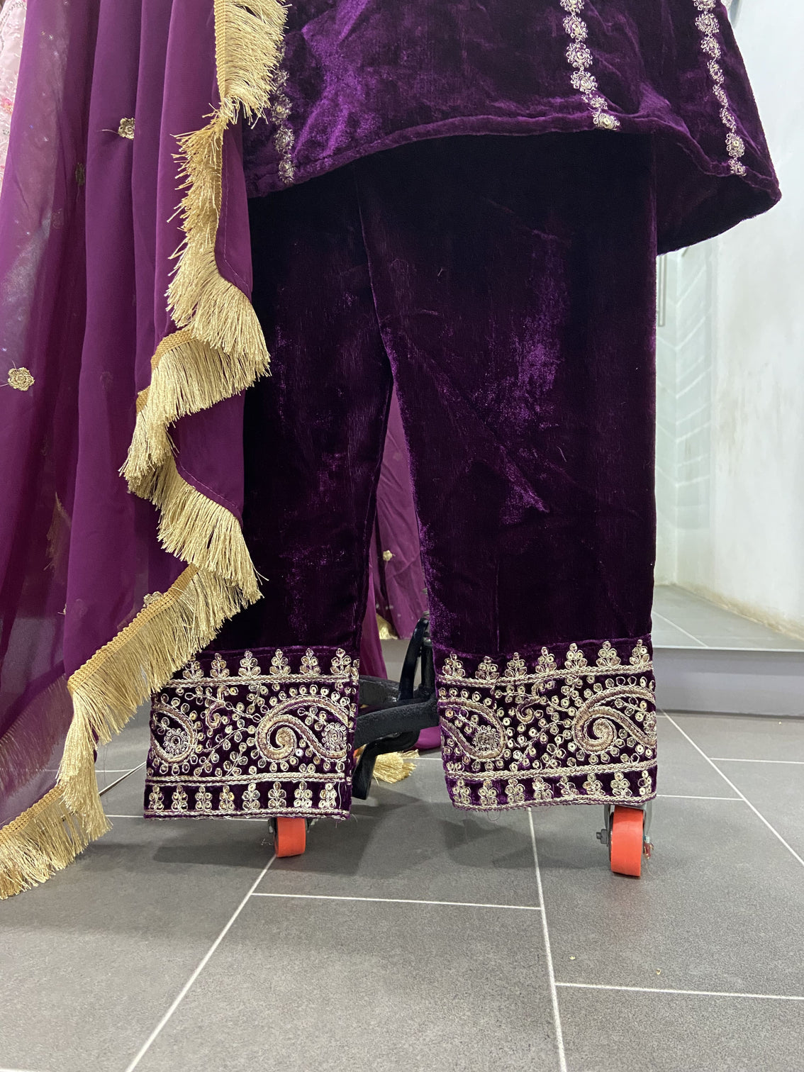 Wine Velvet Cording Embroidery Work Salwar Suit